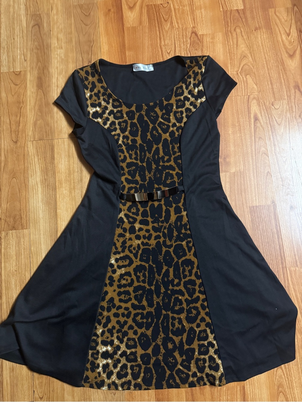 Black and Gold Leopard-Panel Fit & Flare Mini Dress